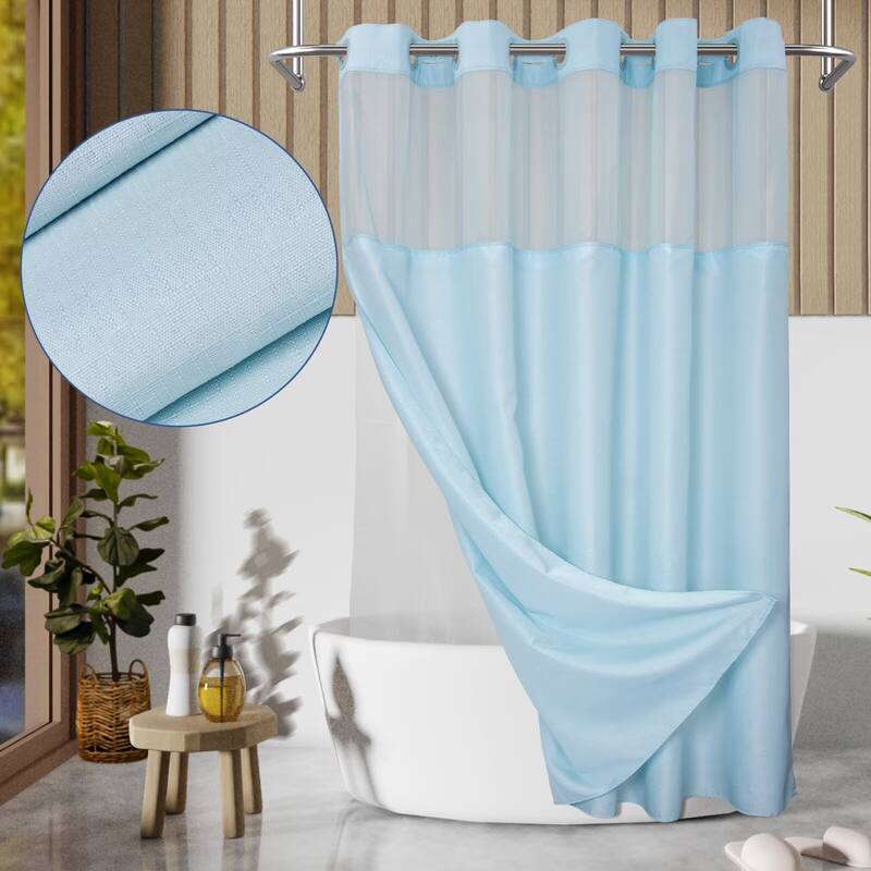 No Hook Slub Linen Texture Shower Curtain with PEVA Snap-in Liner - 71"W x 74"L - Baby Blue
