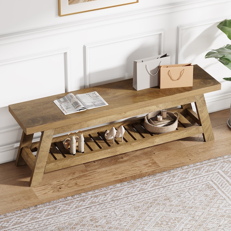 55" Entryway Bench with Shoe Storage, Large 2-Tier Foyer Bench