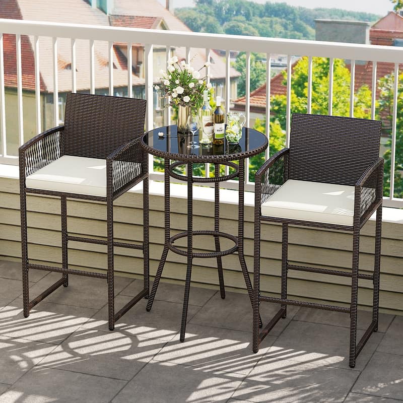 3-Piece Outdoor Patio Mix Brown Rattan Bar Set with Tempered Glass Table and Cushioned Chairs - 20.5" x 19.5" x 44"