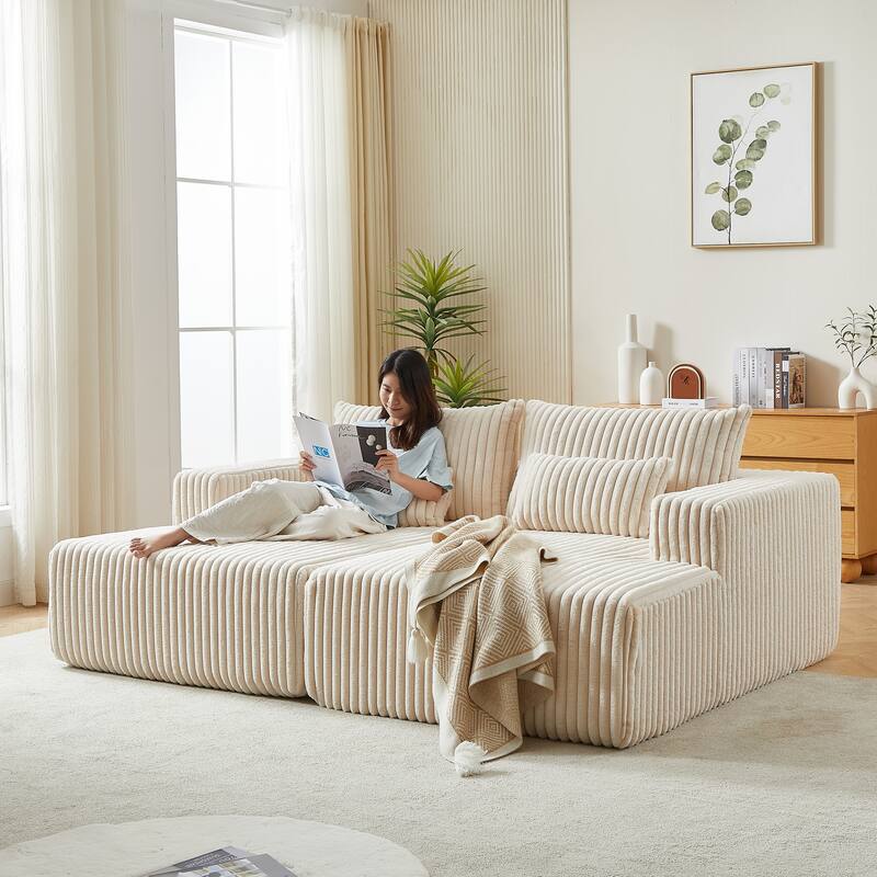 Plush 87-Inch Corduroy Reclining Chaise Sofa Bed, Modern Sleeper for Living Room