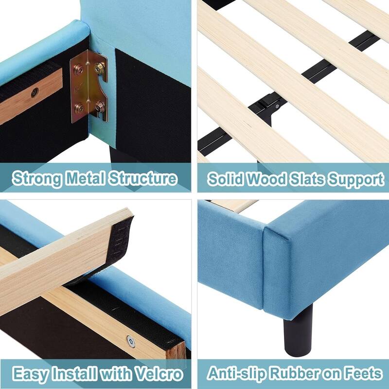 Javlergo Twin Size Kids Bed Frame with Cute Ears Velvet Headboar No Box Spring Required Bed Children's Bed