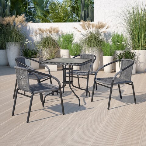 28'' Square Tempered Glass Metal Table with Rattan Edging - 28"W x 28"D x 28"H (Table Only) - 28"W x 28"D x 28"H