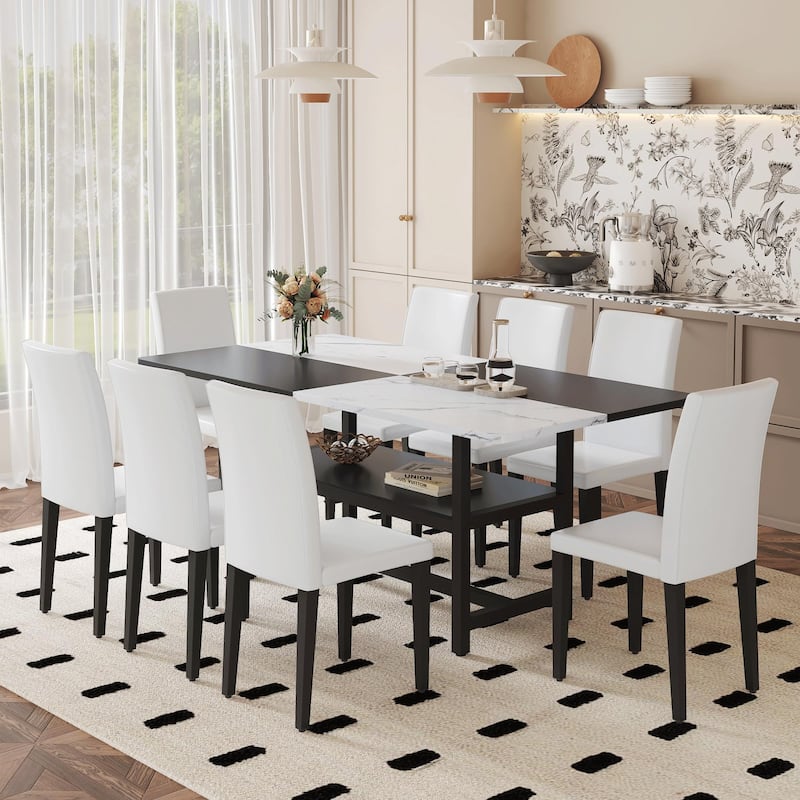 71" Two-Tone Rectangular Dining Table Set with Lower Storage Shelf, Modern Kitchen Dining Table & Chairs Set for Family