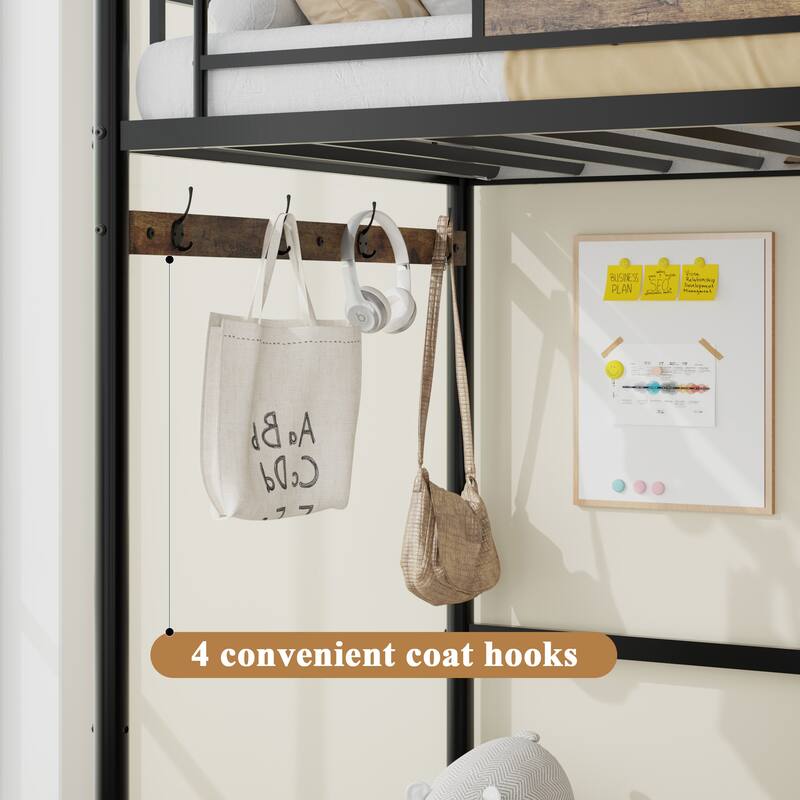 Roomfitters Twin Loft Bed Frame with L-Shaped Desk, 3-in-1 Coat Rack & Charging Station, Metal Storage Bunk, No Box Spring