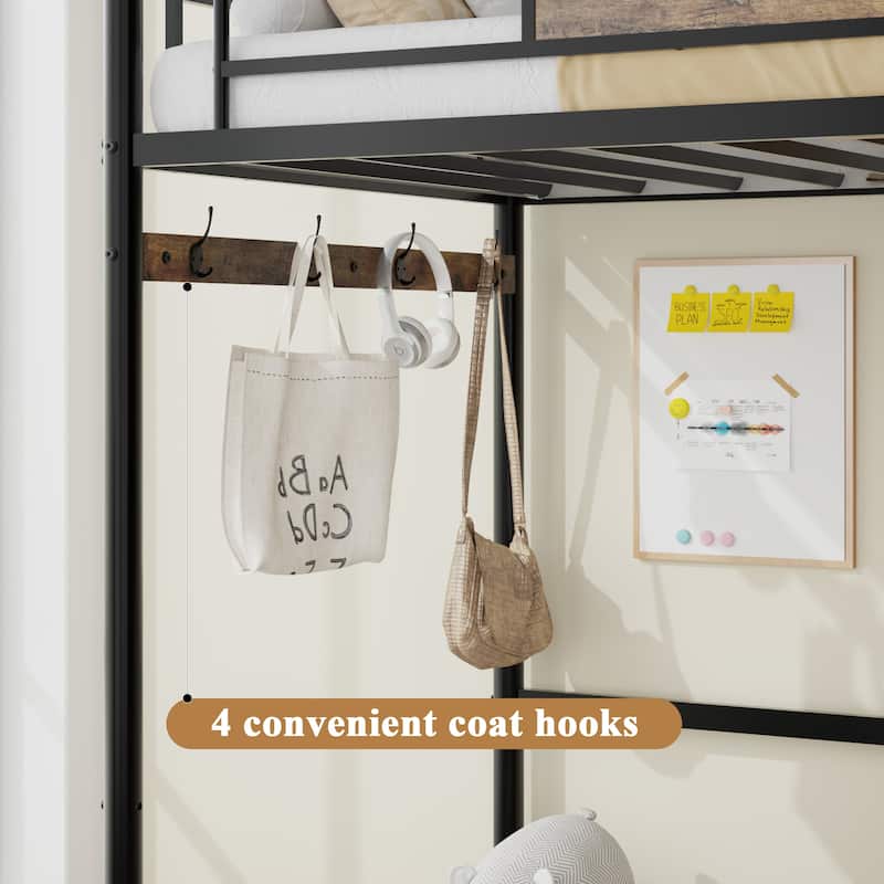 Twin Loft Bed Frame with Storage, L-Shaped Desk, Coat Rack, Shoe Bench, Shelves & Power Outlet, Metal No-Box-Spring Design