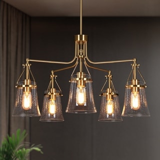 Haye Modern Gold 5-Light Wheel Glass Chandelier for Dining Room Bedroom - D25" x H16.5"