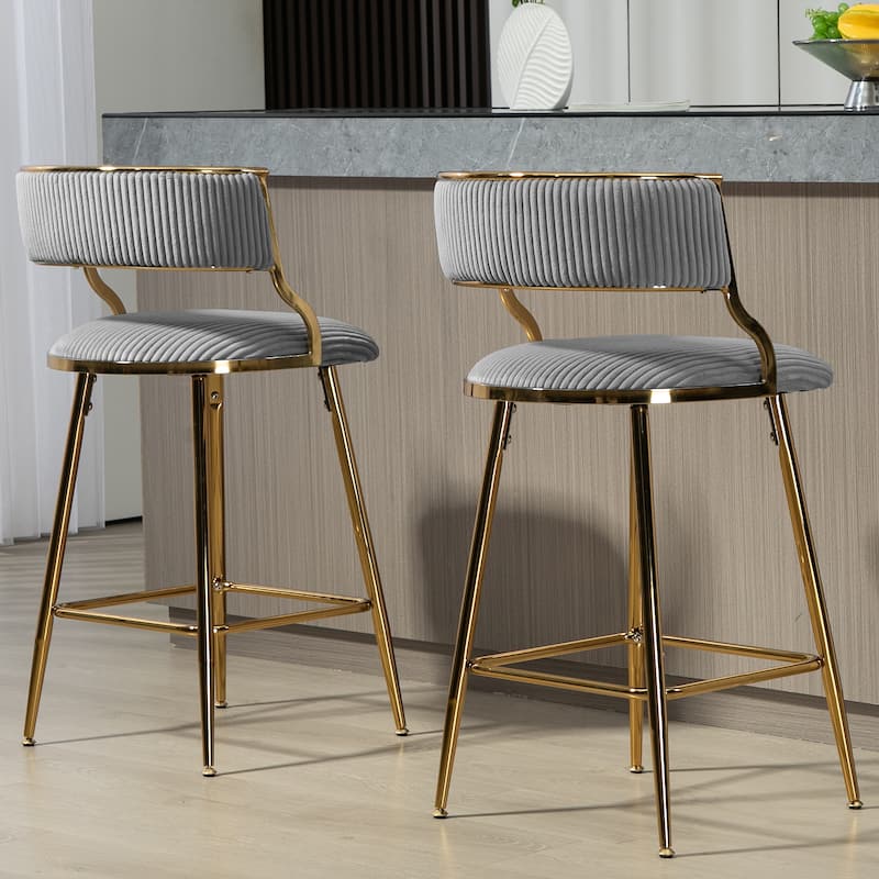 26'' Counter Height Bar Stools Corduroy kitchen Island Counter Bar Stool with Back, Golden Chromed Base and Footrest, Set of 2