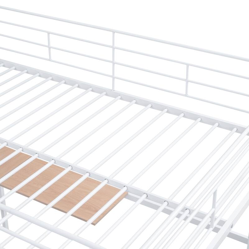 Full Size Metal Loft Bed with Desk and Metal Grid, Stylish Metal Frame Bed with Lateral Storage Ladder and Wardrobe