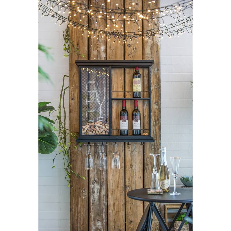 Stylish Wine Storage Rack, Wall Mounted Liquor Display Rack with Wine Glass Rack, Black Wine Bar Shelf for Bar - Black