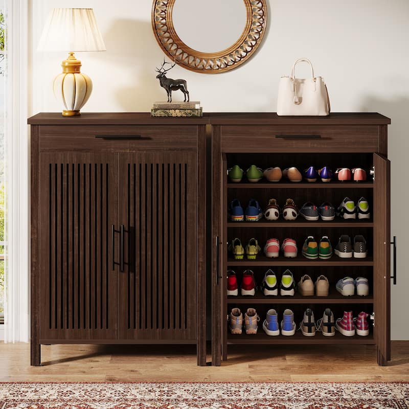 Shoe Storage Cabinet with Louvered Doors & Drawer, Wooden Shoe Rack for Closet, Entryway
