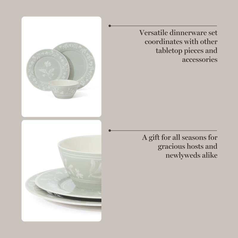Martha Stewart Maiden Crown 12-Piece Dinnerware Set - Vegan Bone China Ceramic Plates & Bowls - Floral Design - Service for 4