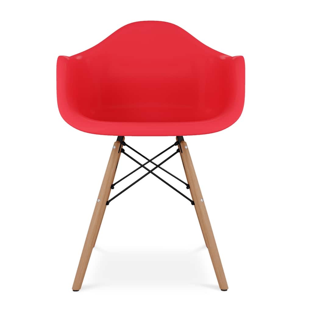 Modern Red Plastic Seat Dining Armchair with Solid Back and Wood Legs for Kitchen or Dining Room - 32”H x 23”W x 19”D