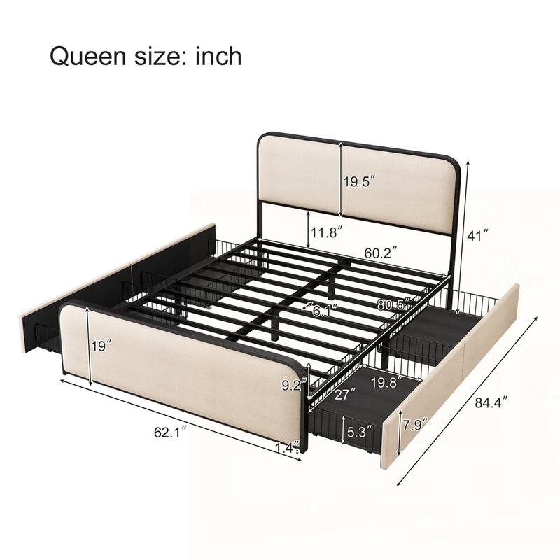 Metal Bed Frame with Curved Upholstered Headboard and Footboard