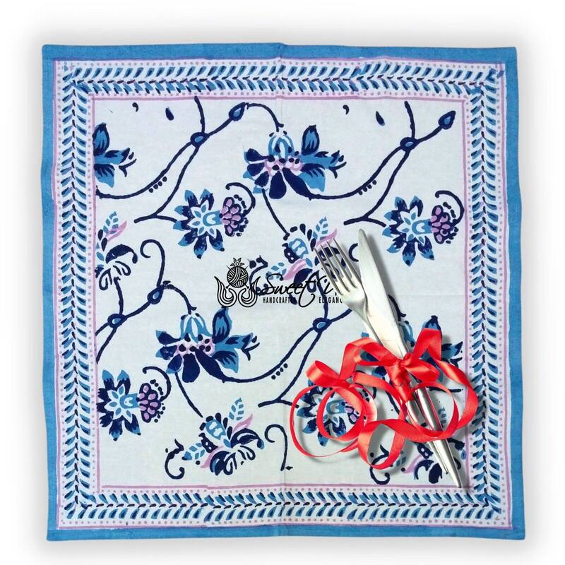 Artistic Floral Block Print Cotton Tablecloth Collection - Set of 4 Napkins