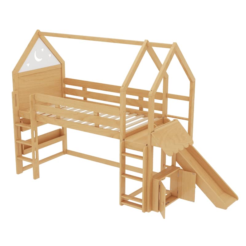 Playful House Bed Starry Moon Cottage Twin Size Loft Bed with Built-in Bookshelves, Reversible Slide and Front & Side Ladders