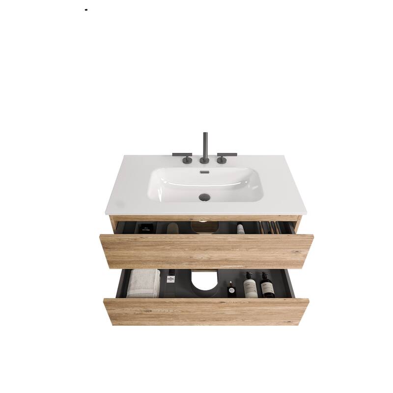 GDFStudio - Gloria Modern Wall-Mounted Floating Bathroom Vanity with Integrated Ceramic Basin & Soft-Close Drawers