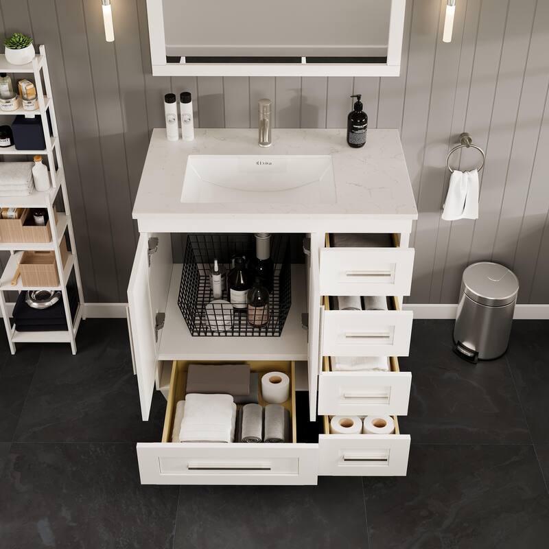 Eviva Loon 30"W x 22"D White Bathroom Vanity with White Carrara Quartz Vanity Top and Rectangular Undermount Sink