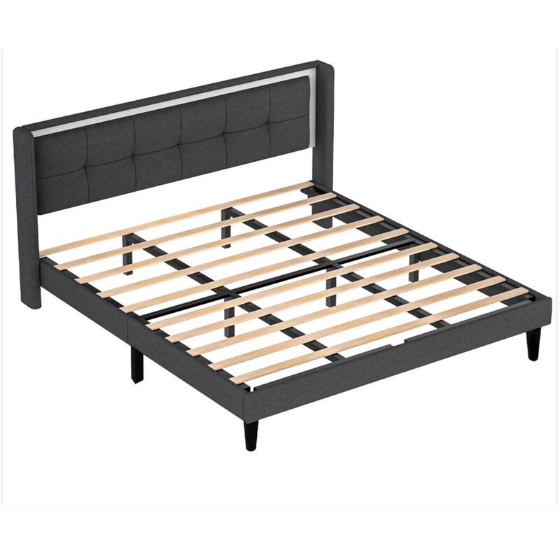 Upholstered platform bed frame with headboard and sturdy wooden slats