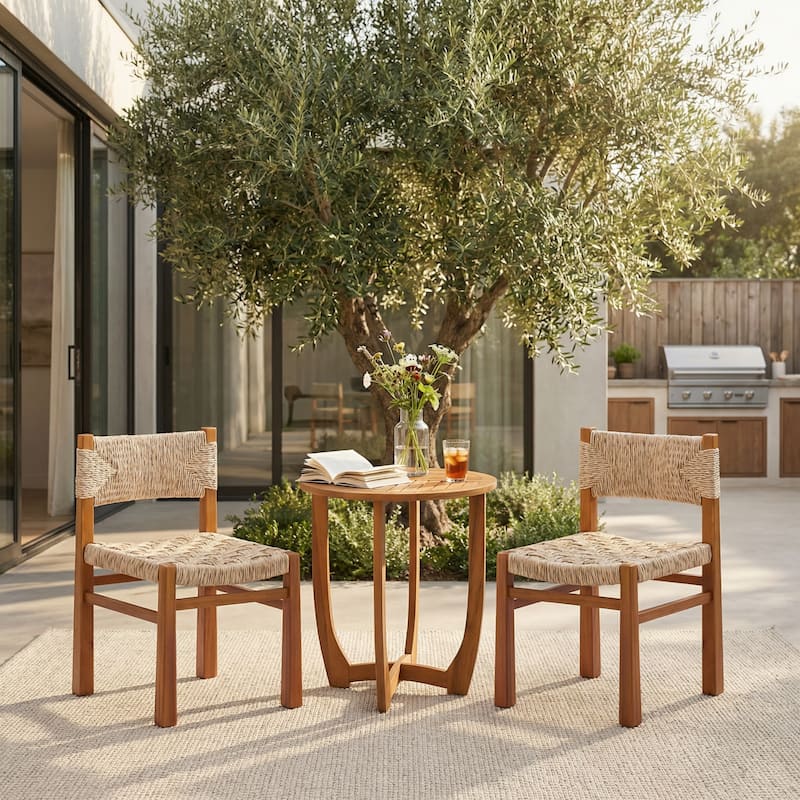 Christopher Knight Home - Nellie 3-Piece Outdoor Acacia Wood Dining Set with Wicker Woven Chairs & 27.5" Round Slat Table - Teak Finish+Light Grey Wicker