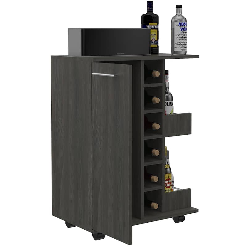 Tennessee Bar Cart, One Cabinet With Division, Six Cubbies For liquor, Two Shelves