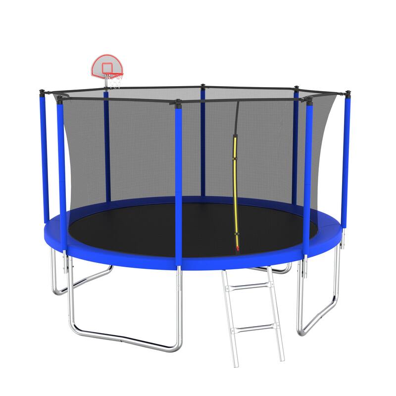 12FT Trampoline Green for Kids Adults with Basketball Hoop and Ball, Recreational Trampolines with Safety Enclosure for Yard