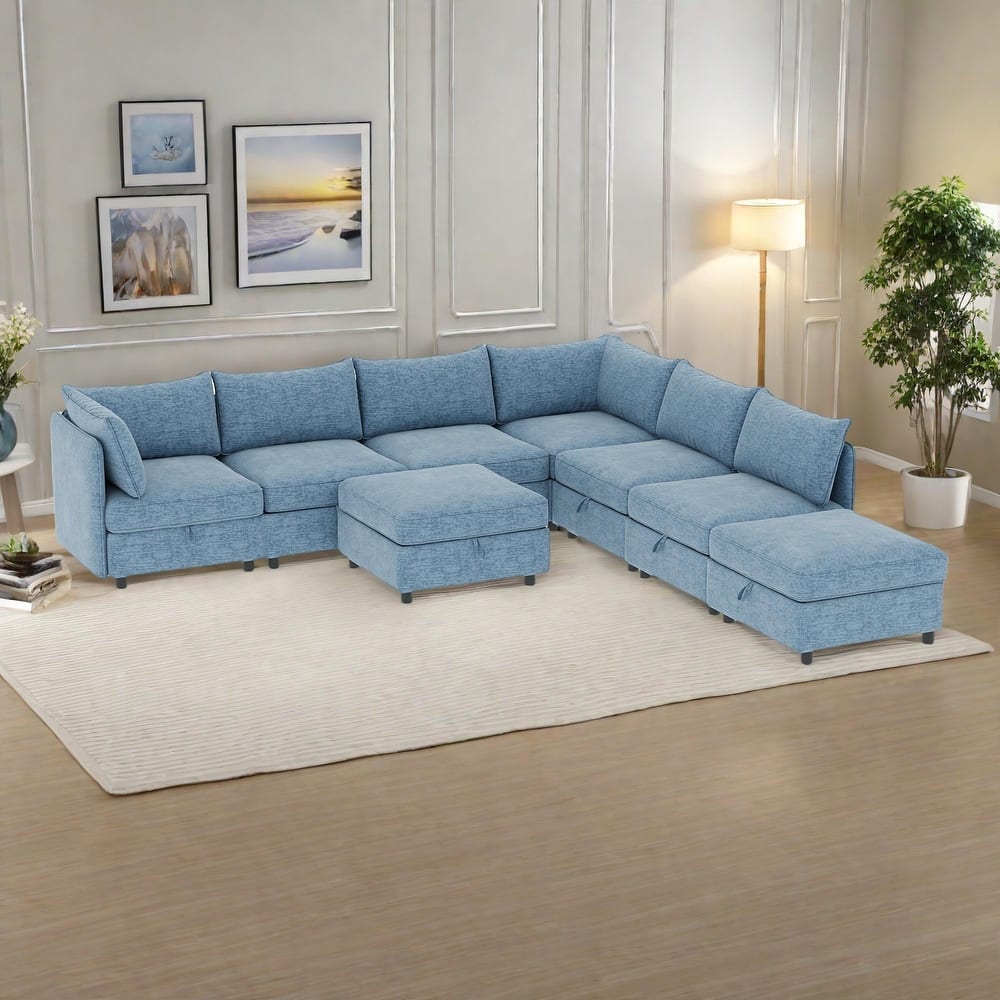 129" Chenille Modular Sectional Sofa with Storage and Convertible Design, 8-Seater