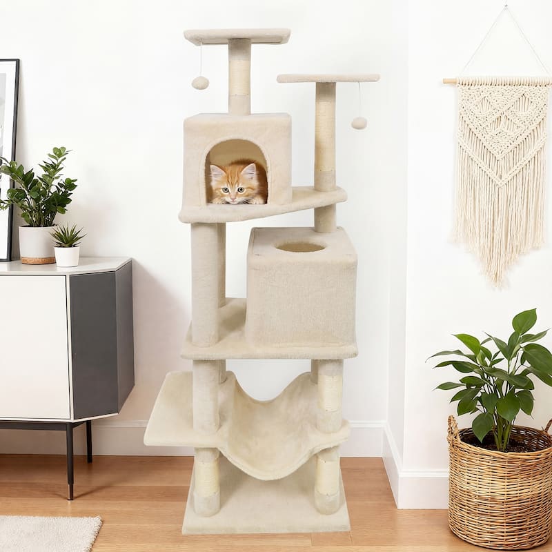 Gymax 57'' Cat Tree for Indoor Cats w/Dual Condos Hammock Sisal