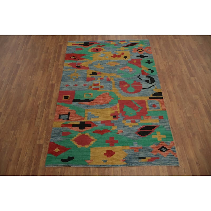 Hand Woven Oriental 100% Wool Carpet Southwestern Modern Navy Blue & Blues Kilim Area Rug - 7' 9'' X 4' 11''