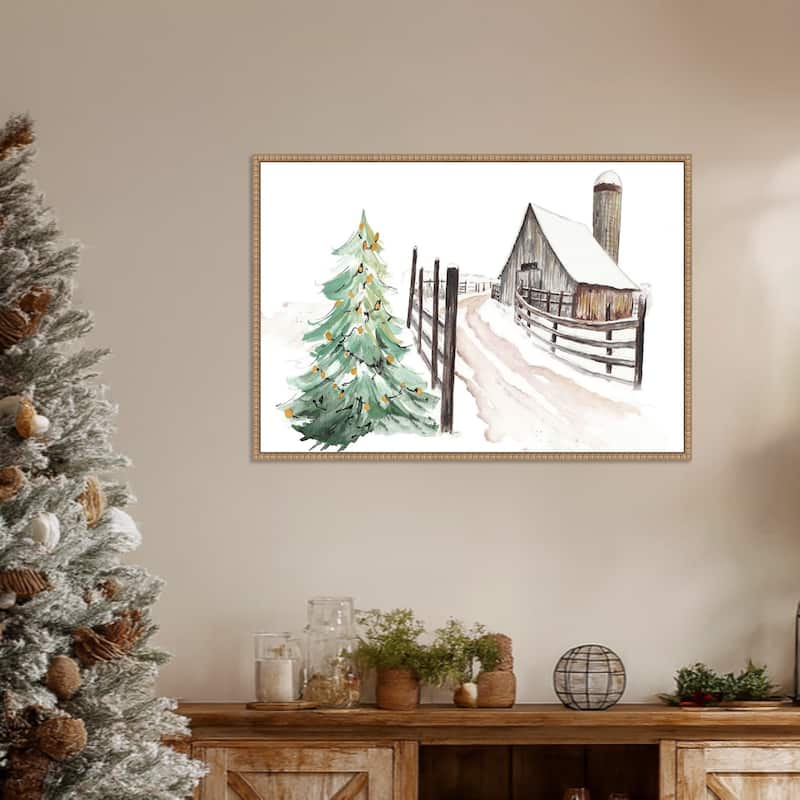 Snowy Vermont Farm by Patricia Pinto (33 x 23 in.), Framed Canvas Wall Art Print - Sylvie Beaded Rustic Natural