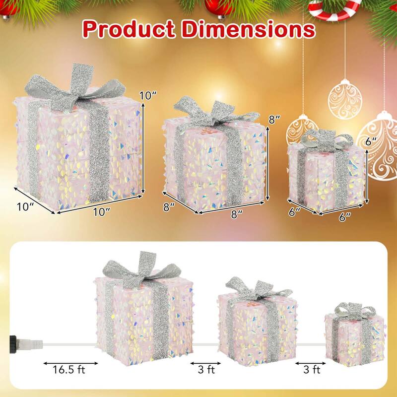 Costway 3 PCS Christmas Lighted Gift Boxes with 90 LED Lights Zip Ties - as pic shows - See Details