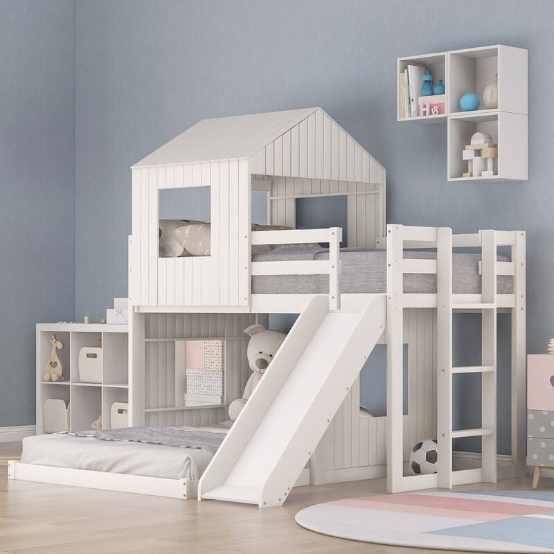 House Bunk Beds with Slide, Wood Twin Over Full Bunk Beds with Roof and Guard Rail for Kids, Toddlers - White