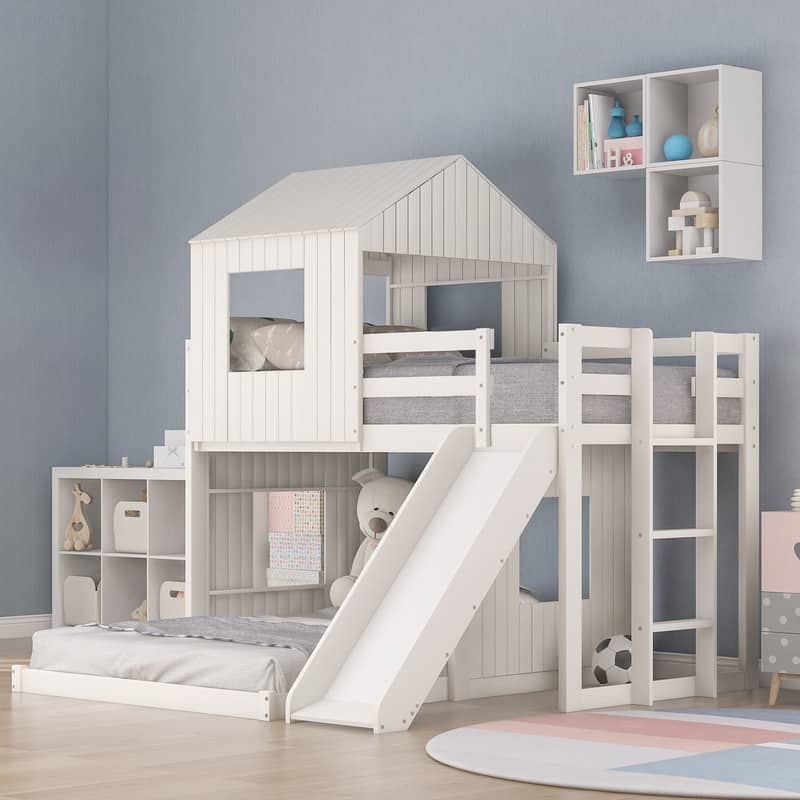 House Bunk Beds with Slide, Wood Twin Over Full Bunk Beds with Roof and Guard Rail for Kids, Toddlers