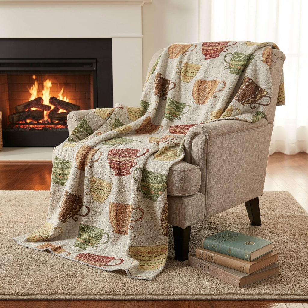 HomeRoots 50" X 70" Ivory Orange And Green Teacups Microfiber Plush Throw Blanket