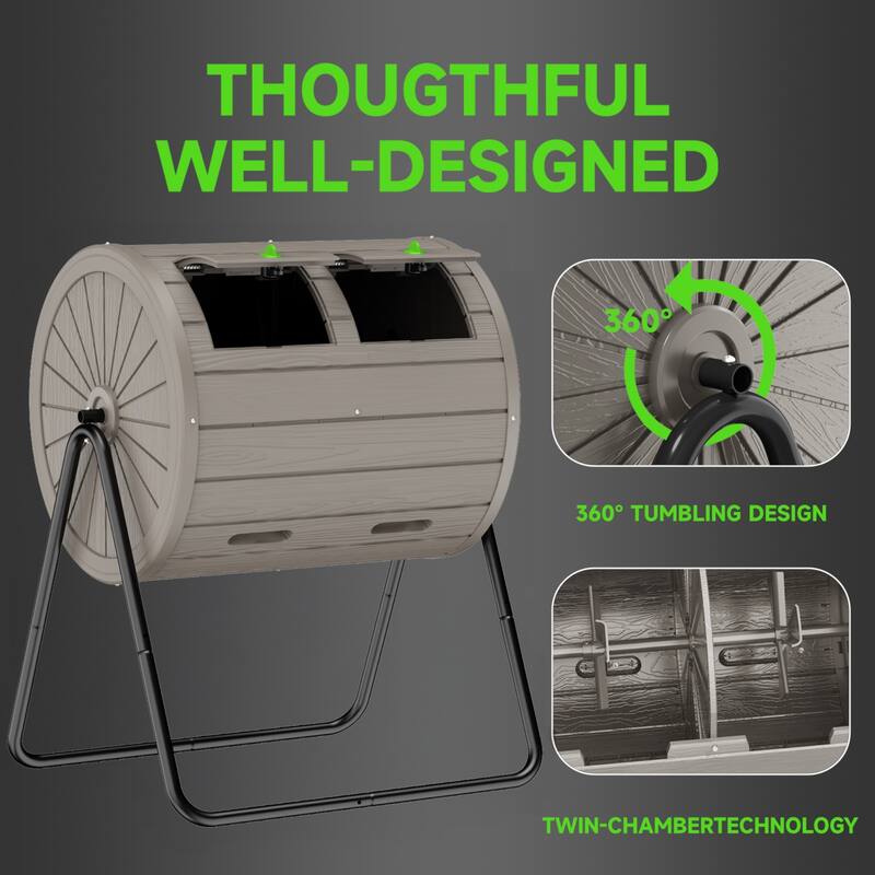 Dual Chamber Tumbling Composter, 43 Gallon Outdoor Tumbling Composter, Rotating Design with Renovate Doors and Steel Frame