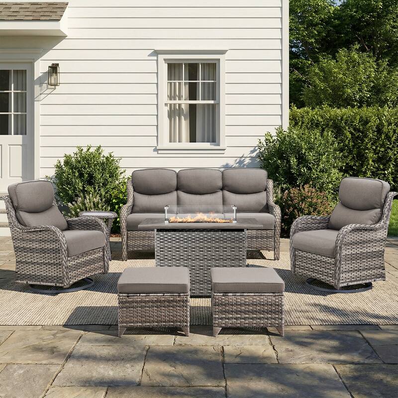Pocassy Outdoor Fire Pit Sofa Swivel Chairs Ottoman Conversation Set - Gray Wicker Gray Cushion - 7-Piece Sofa Swivel Chair Ottoman w/ Fie Table