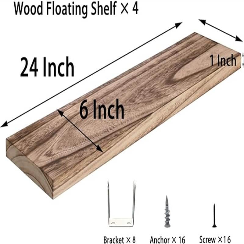 24 Inch Rustic Floating Shelves for Wall Decor Farmhouse Wood Wall Shelf for Bathroom Kitchen Bedroom Living Room Set of 4 Brown