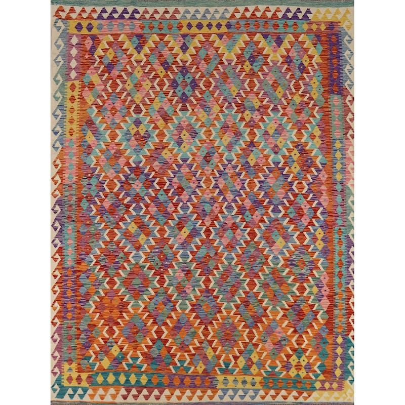 Reversible Kilim Oriental Area Rug Flatweave Orange Wool Carpet - 8'0" x 9'7"
