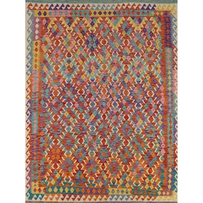 Reversible Kilim Oriental Area Rug Flatweave Orange Wool Carpet - 8'0" x 9'7"