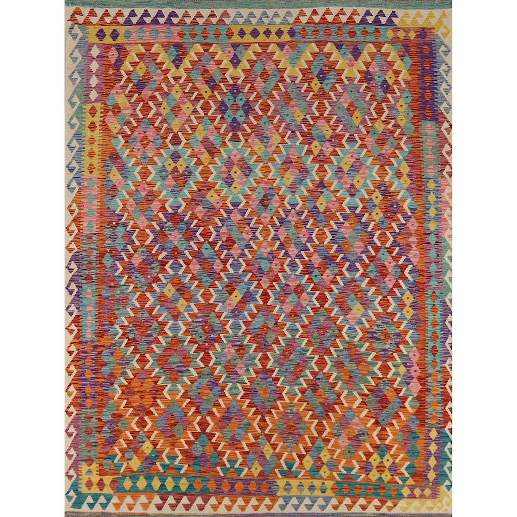 Reversible Kilim Oriental Area Rug Flatweave Orange Wool Carpet - 8'0" x 9'7"