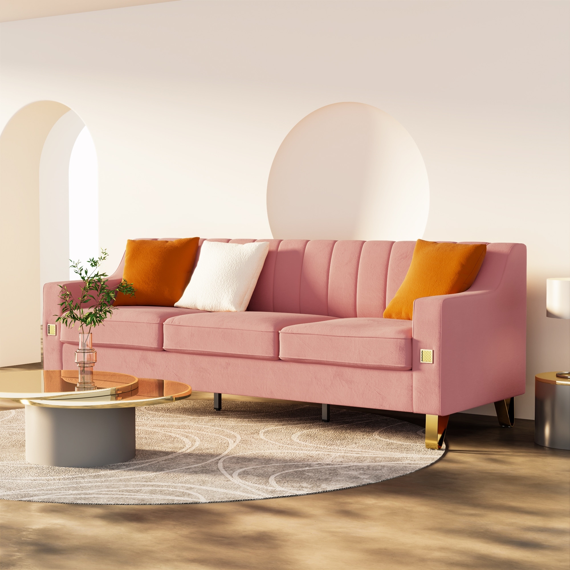 81.89'' Velvet 3 Seat Sofa Couch with Gold Accents, 3 Pillow, Soft Plush Upholstery, High-Rebound Sponge Cushions - Bed Bath & Beyond