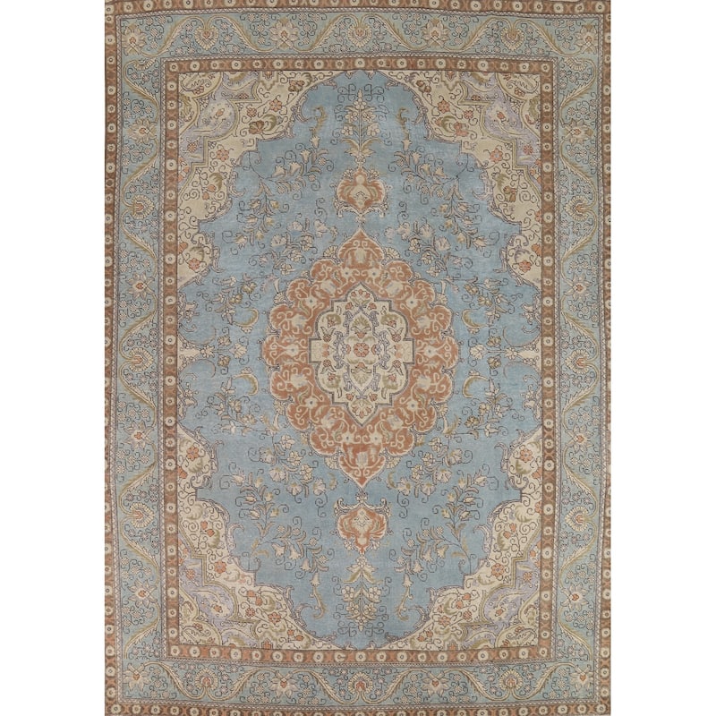 Light Blue Tabriz Persian Vintage Area Rug Handmade Wool Carpet - 9'10" x 12'7"