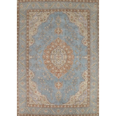 Light Blue Tabriz Persian Vintage Area Rug Handmade Wool Carpet - 9'10" x 12'7"