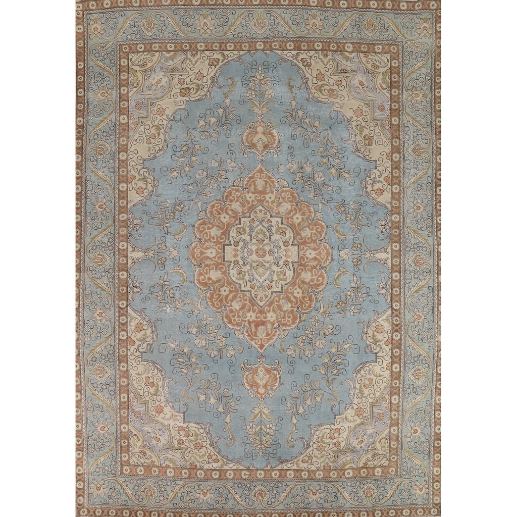 Light Blue Tabriz Persian Vintage Area Rug Handmade Wool Carpet - 9'10" x 12'7"