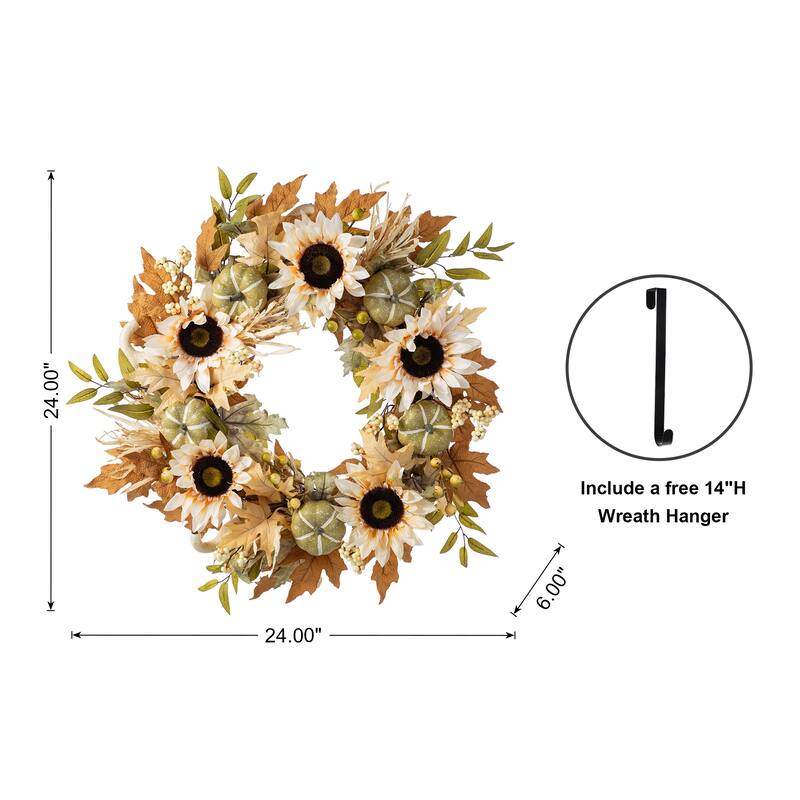 Glitzhome Fall Sunflower Pumpkin Floral Aritificial Garland or Swag Wreath with Free Hanger