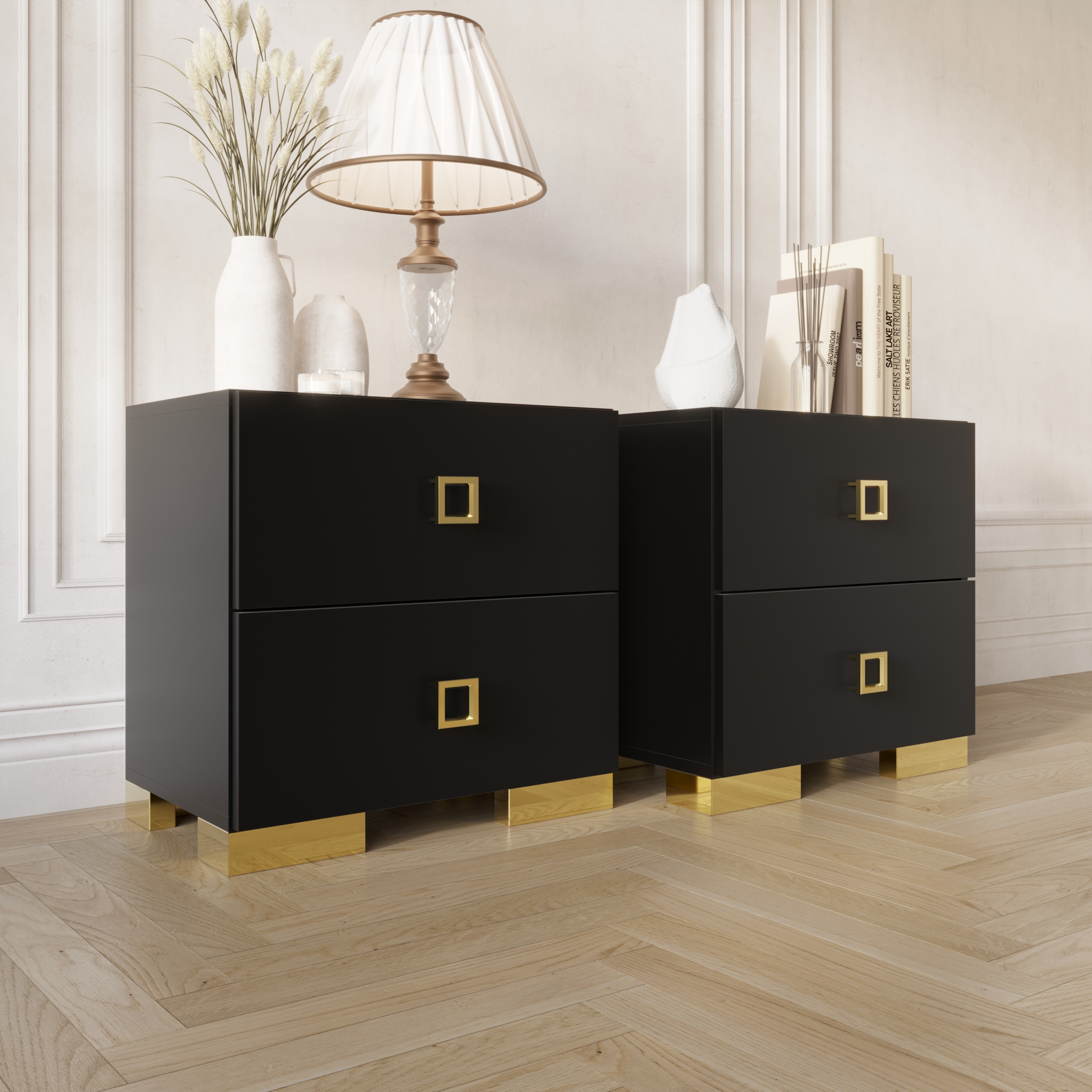 CraftPorch Modern Gold Legs Storage 2 Drawer Nightstand Set of 2