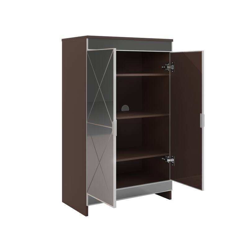Anmytek Mirrored Shoe Storage Cabinet with Double Doors, Silver Edging, Brown Glass Finish for Entryway