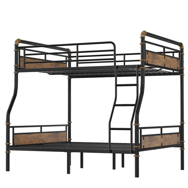 Full XL Over Queen Metal Bunk Bed with Safety Guard Rails, Industrial Design, Black