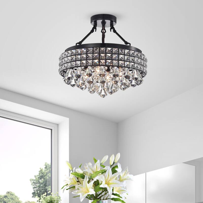 Black 4-Light Beaded Crystal Round Drum Semi Flush Mount