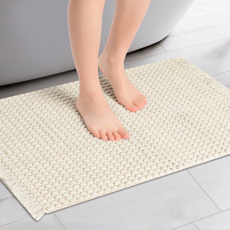 Boho Bathroom Rug, Woven Tecture Rug for Bedroom Throw Rug with Fringe - Beige - 16" x 24"