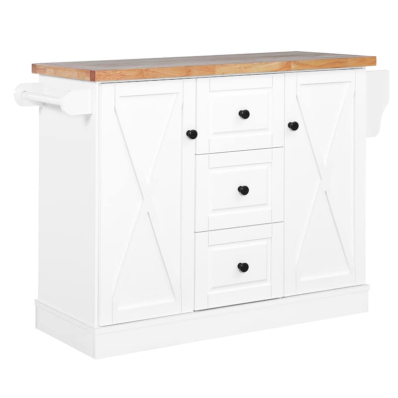 HOMCOM Farmhouse Mobile Kitchen Island Utility Cart with Barn Door Style Cabinets, Drawers and Wheels- White